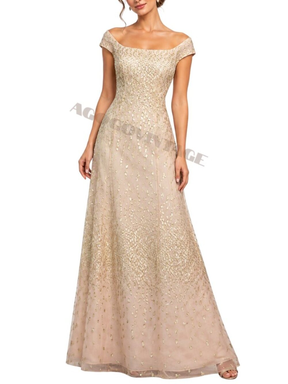 Kay Unger Off Shoulder Evening Gown Silk Metallic Embellished Formal Dress